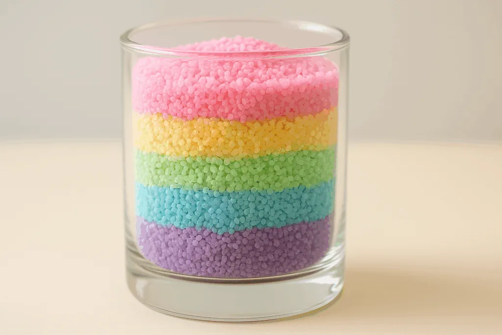 A transparent glass jar filled with colorful sand wax candle granules.