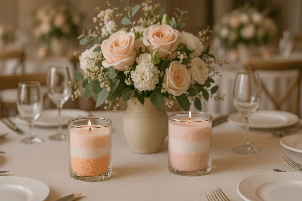 Sand wax candles used as elegant table centerpieces for a wedding event.