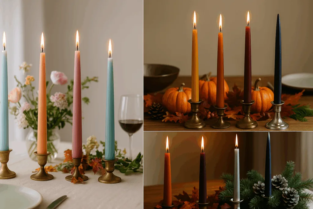 Seasonal table settings with colorful taper candles for spring, autumn, and winter