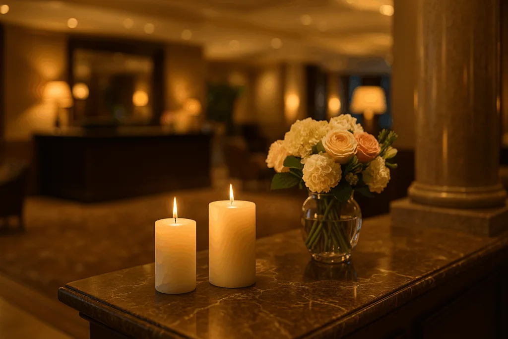 From Concept to Candle: How Our Design Support Brings Ideas to Life 6 Luxury hotel lobby decorated with Circe Home scented candles on a marble counter beside flowers.