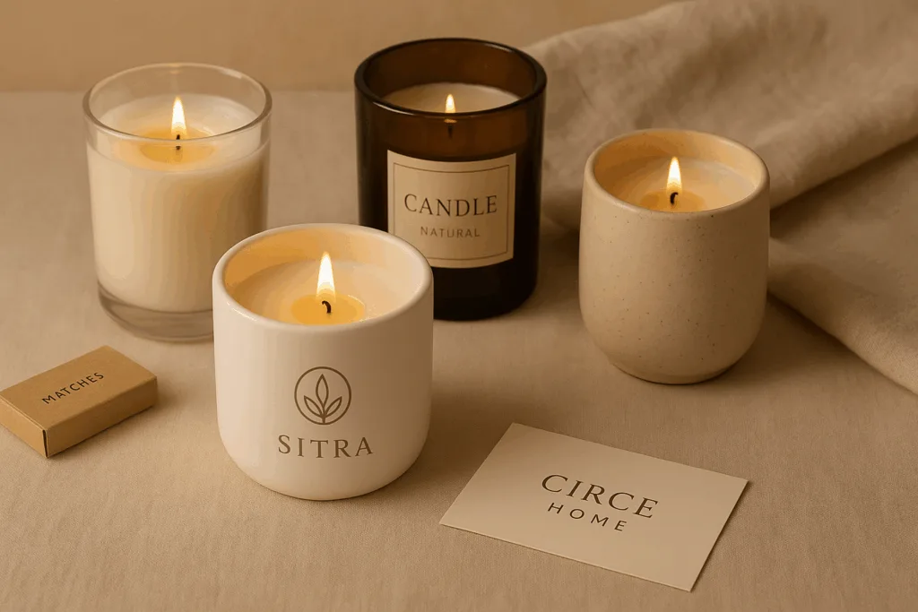A lifestyle flat-lay of signature jar candles in glass and ceramic jars with brand identity design.