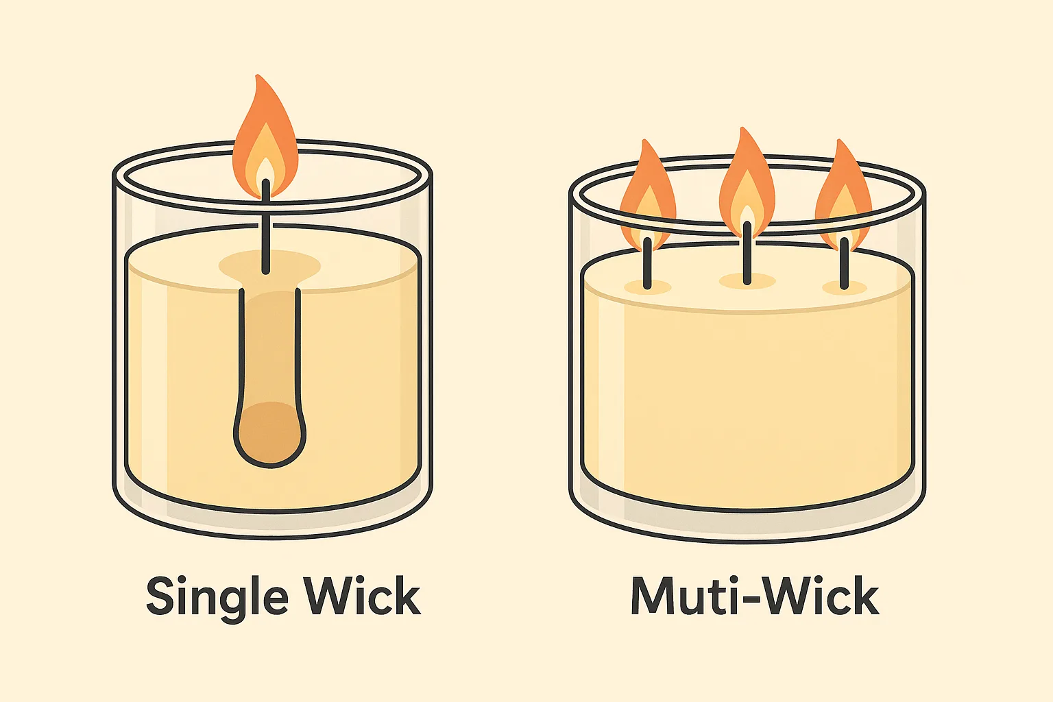 Comparison of a single-wick candle tunneling and a multi-wick candle burning evenly with a full melt pool.