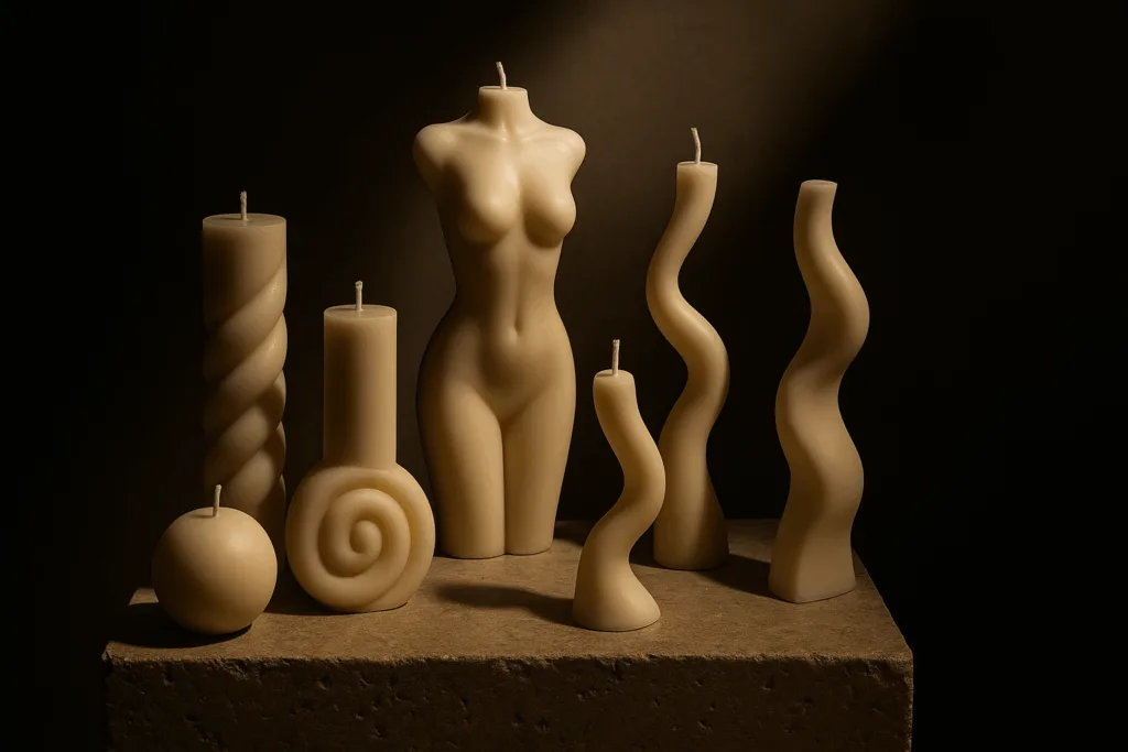 Sculptural pillar candles in symbolic shapes such as feminine curves and spirals, representing beauty and eternity.