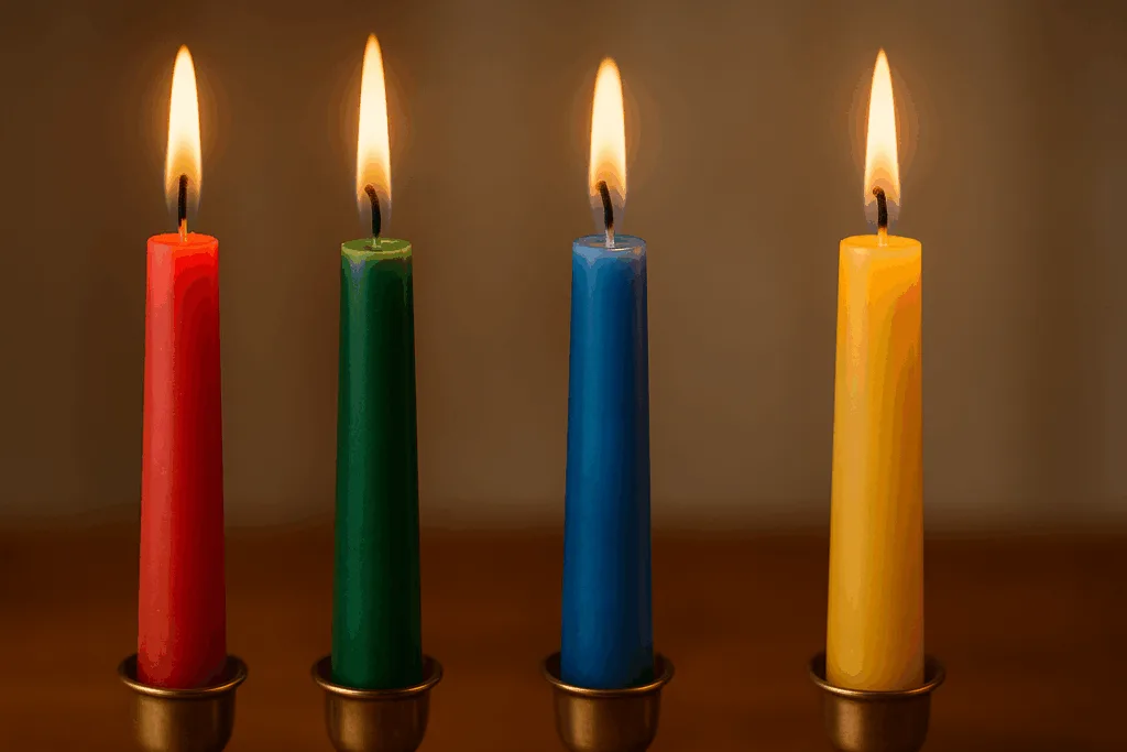 Different colors of taper candles symbolizing mood and dining atmosphere