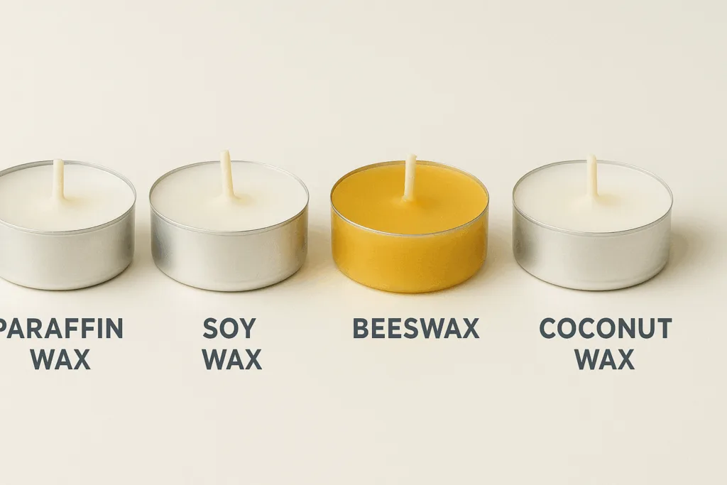 Paraffin, soy, beeswax, and coconut wax tea lights compared side by side