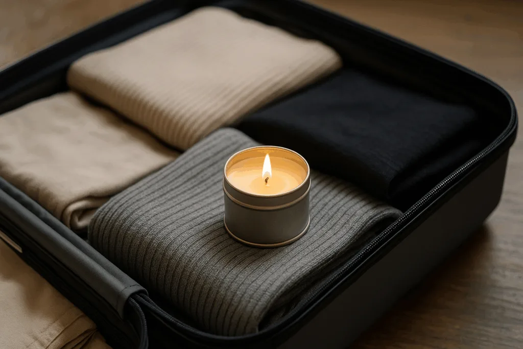 Portable travel tin candle in a suitcase, showing convenience for travelers.