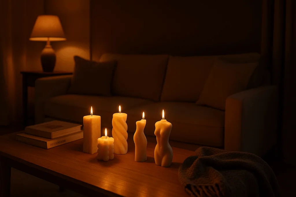 A cozy modern living room with sculptural pillar candles glowing softly, creating a warm and inviting atmosphere.