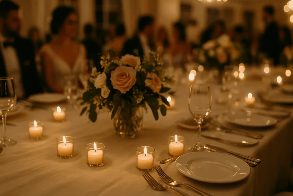 Tea lights used as decoration at a wedding reception table with flowers and tableware