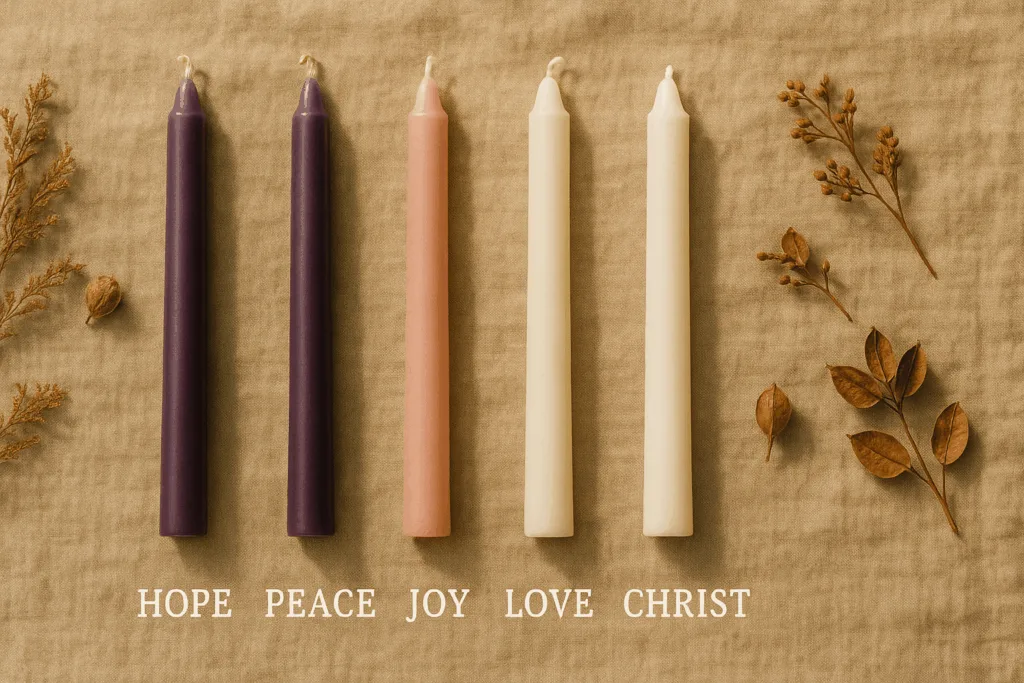 Top 10 Advent Taper Candle Ideas for Christmas 2025: Colors, Meanings & Wholesale Trends 2 Purple, pink, and white Advent taper candles labeled Hope, Peace, Joy, Love, and Christ.