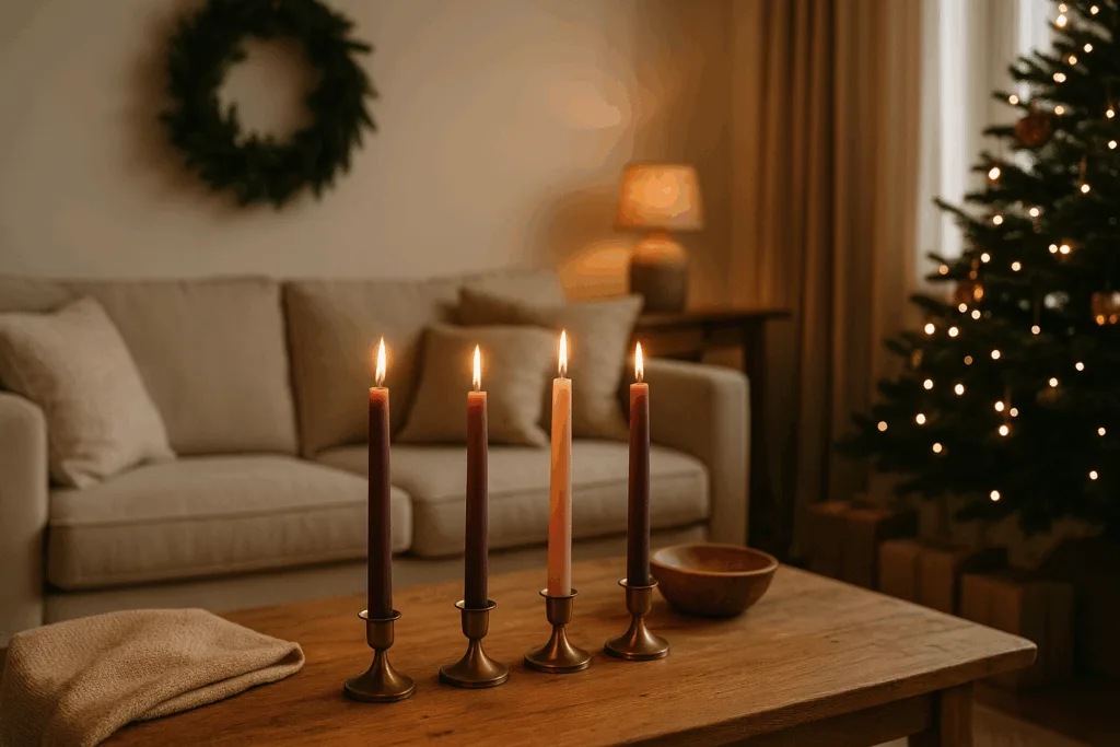 Top 10 Advent Taper Candle Ideas for Christmas 2025: Colors, Meanings & Wholesale Trends 1 Advent taper candles glowing warmly in a minimalist Christmas 2025 home.