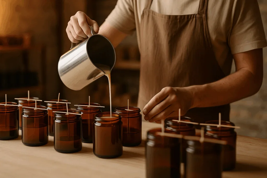 Circe Home artisan hand-pouring amber jar candles in workshop.