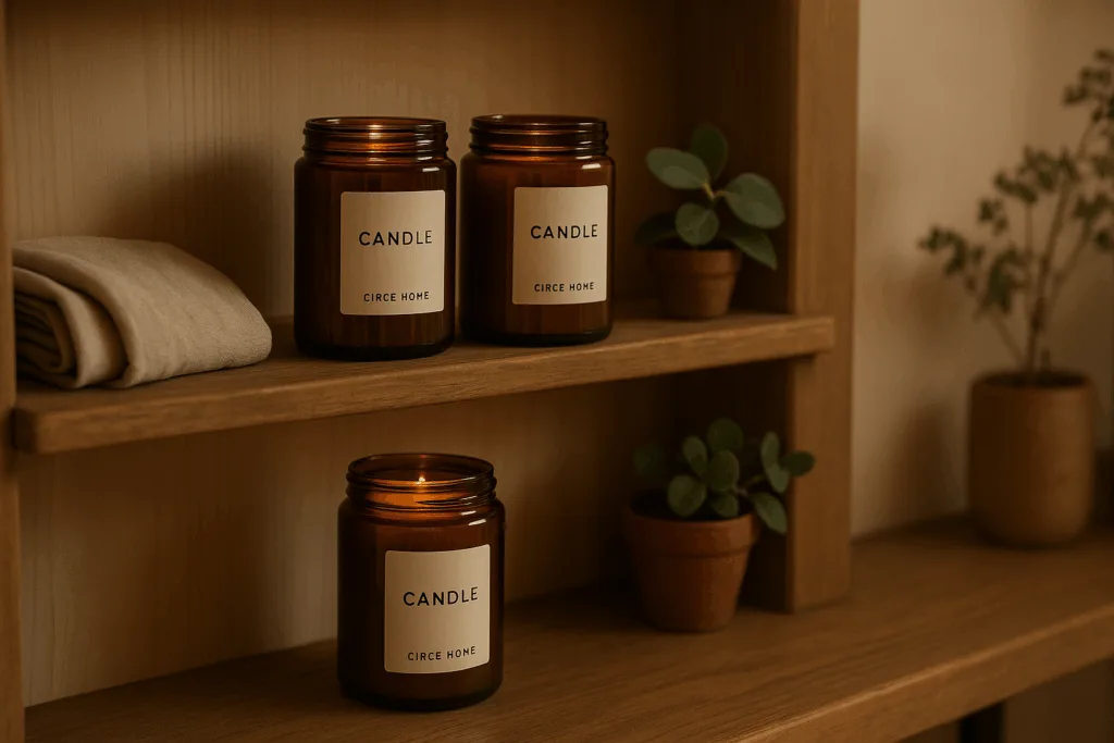 Amber jar candle supplier retail display with natural materials and warm light.