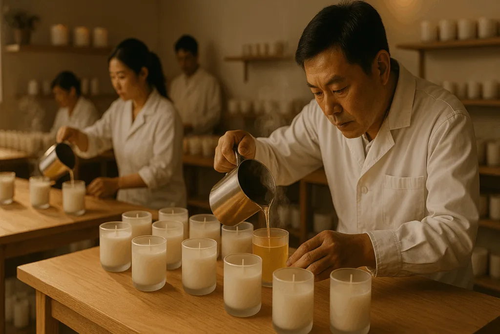 5 Costly Mistakes to Avoid When Choosing a Candle Factory in China 1 Artisan hand-pouring wax at a candle factory in China — 5 Mistakes to Avoid When Choosing a Candle Factory in China.