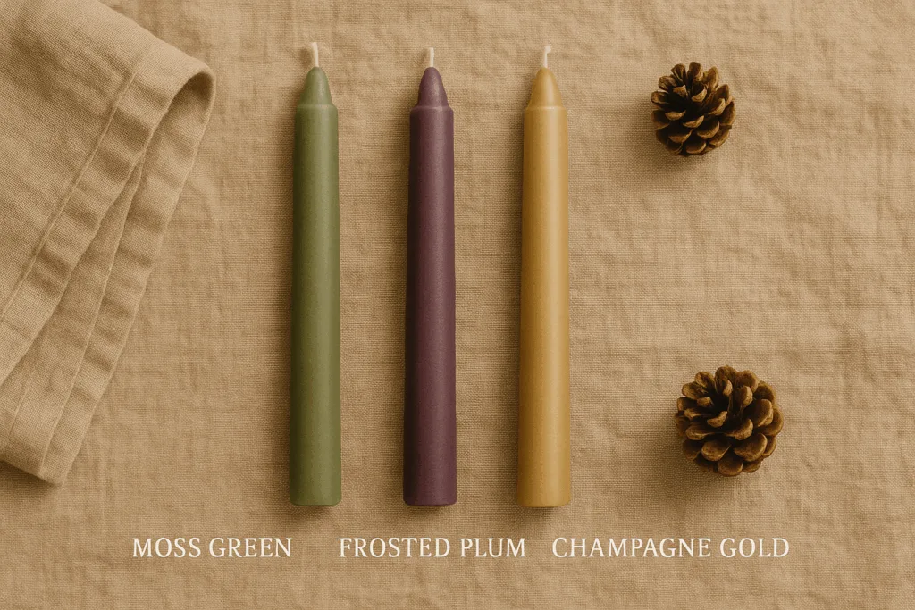Top 10 Advent Taper Candle Ideas for Christmas 2025: Colors, Meanings & Wholesale Trends 3 Modern Advent taper candles in moss green, plum, and champagne gold for Christmas 2025.
