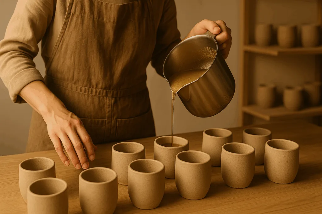 Circe Home artisan pouring sand wax candles in studio