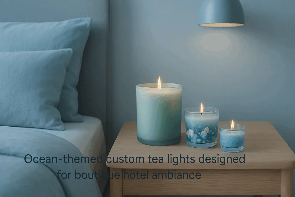 Boutique hotel showcasing ocean-scented custom tea lights.