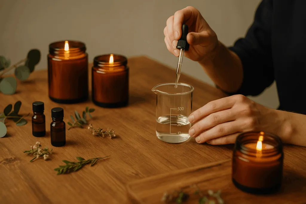 Circe Home perfumer blending fragrance oils for amber jar candle supplier production.