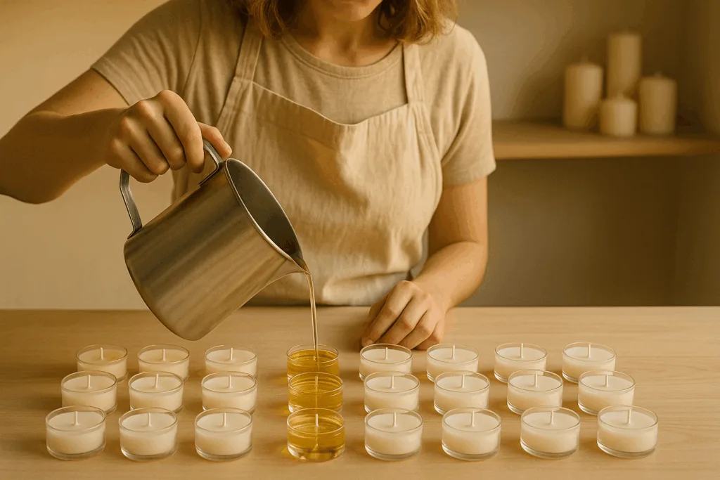 Circe Home artisan pouring wax for custom tea lights.