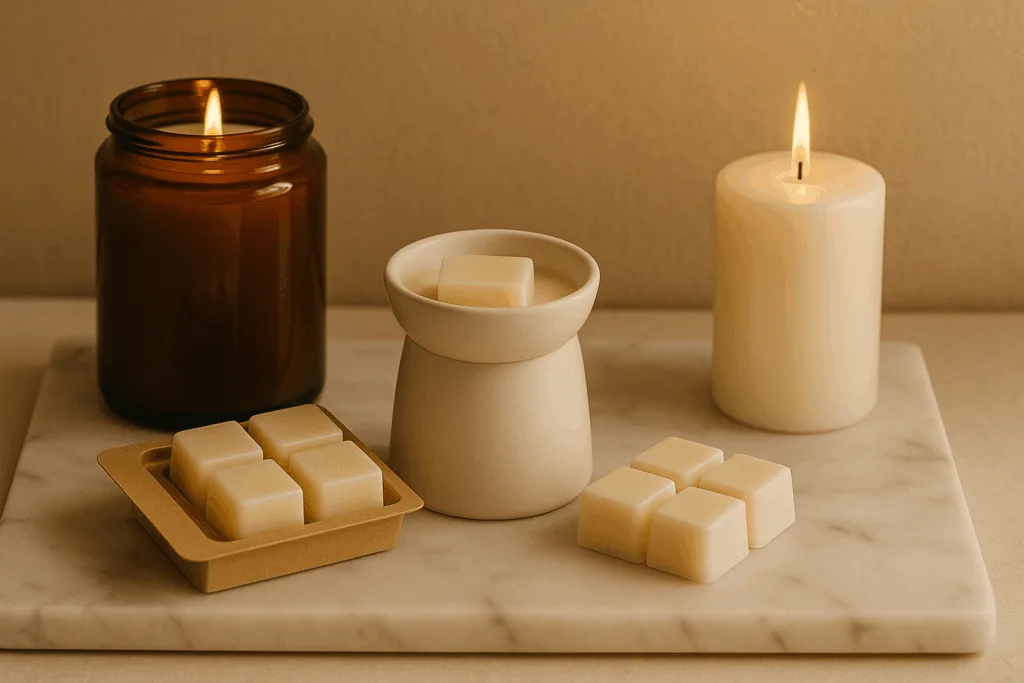 Luxury candles and wax melts on marble tray.