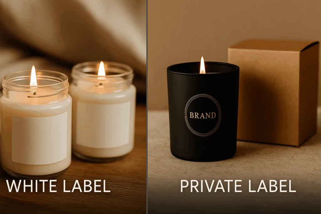 Comparison of white label vs private label candles, showing simple glass jar candles on the left and a luxury black matte candle with branded packaging on the right.