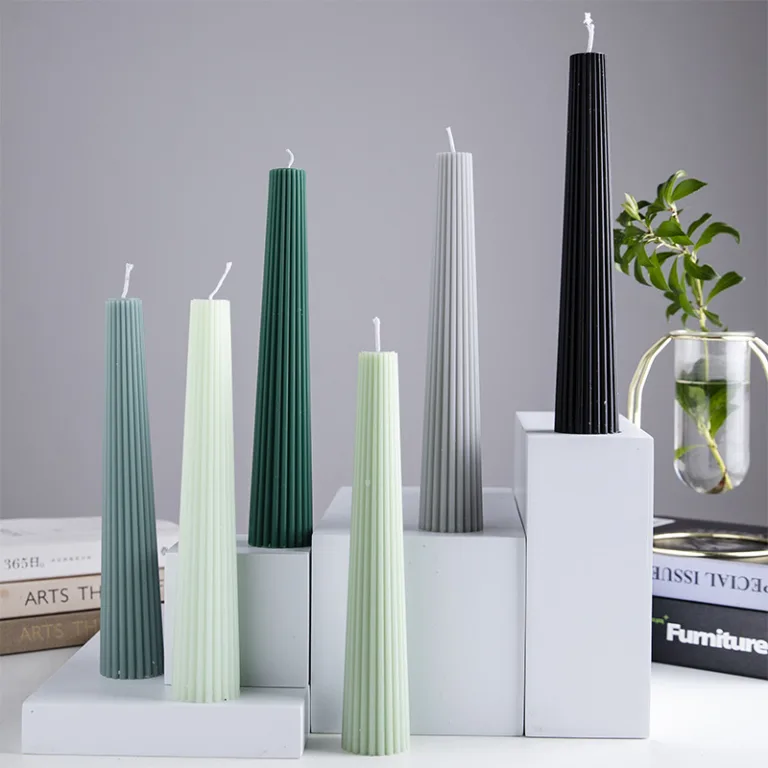 These ribbed taper candles feature a sleek conical shape and soft matte finish, perfect for modern home décor or elegant event styling.