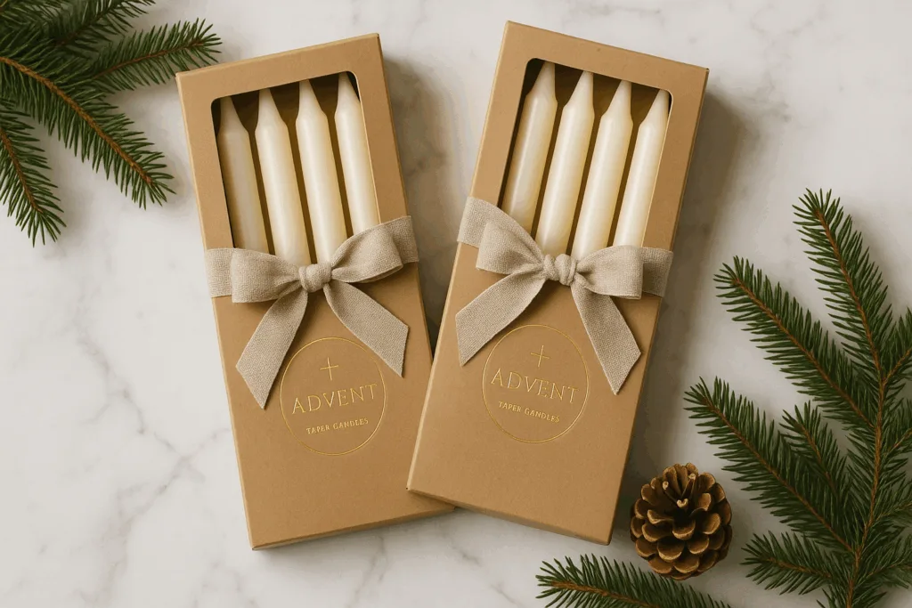 Top 10 Advent Taper Candle Ideas for Christmas 2025: Colors, Meanings & Wholesale Trends 4 Eco-friendly kraft packaging for Advent taper candles with gold foil and linen ribbon.