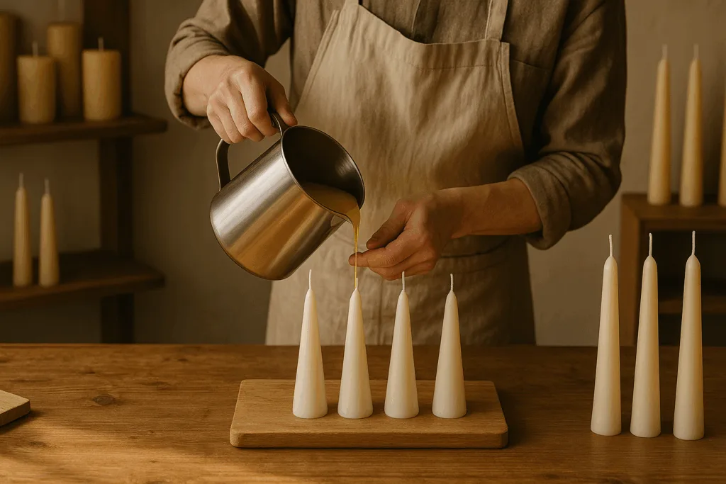 Top 10 Advent Taper Candle Ideas for Christmas 2025: Colors, Meanings & Wholesale Trends 5 Artisan hand-pouring soy-beeswax blend for Advent taper candles in Circe Home studio.