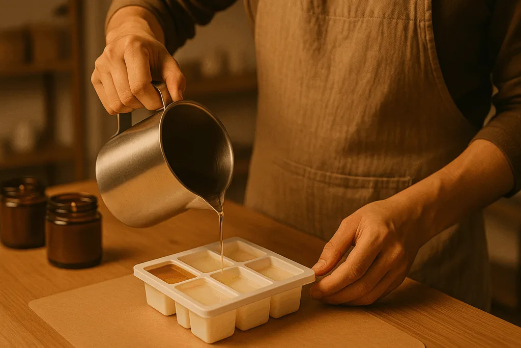 Artisan pouring molten wax for wax melts.