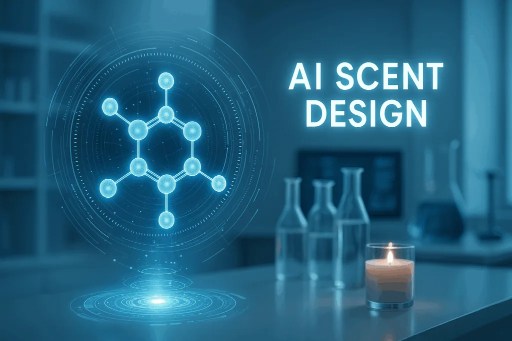 Illustration of AI technology blending data and art for fragrance creation.