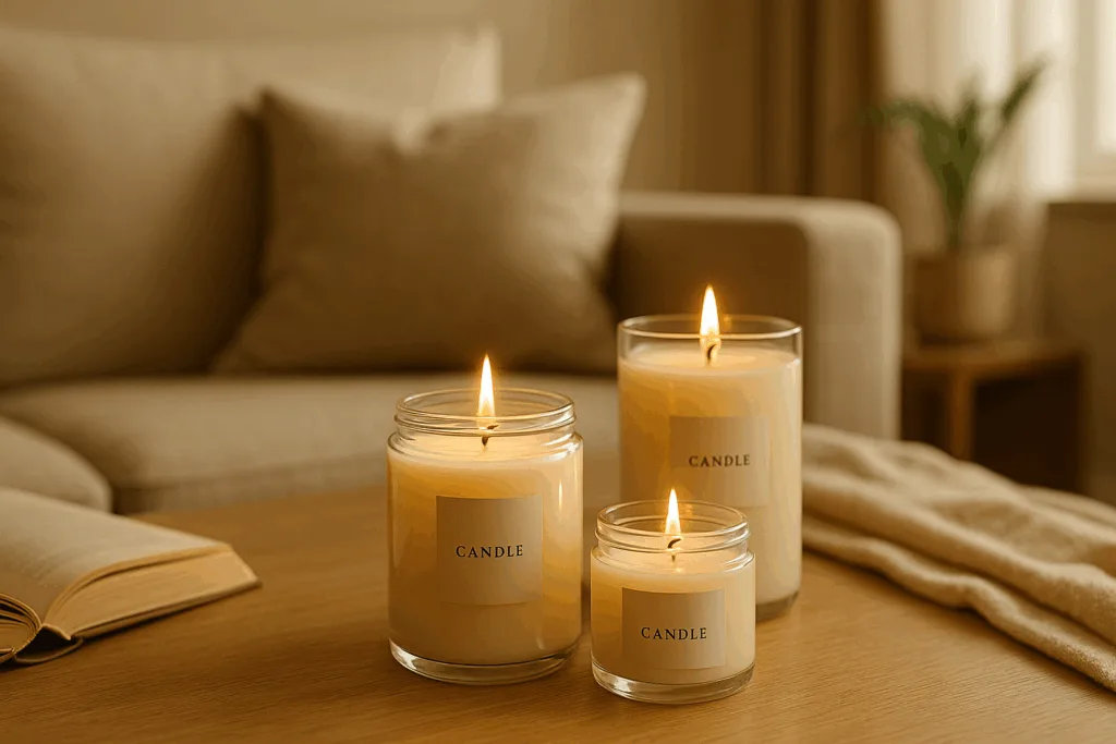 Luxury scented candles burning in glass jars with cozy home atmosphere.