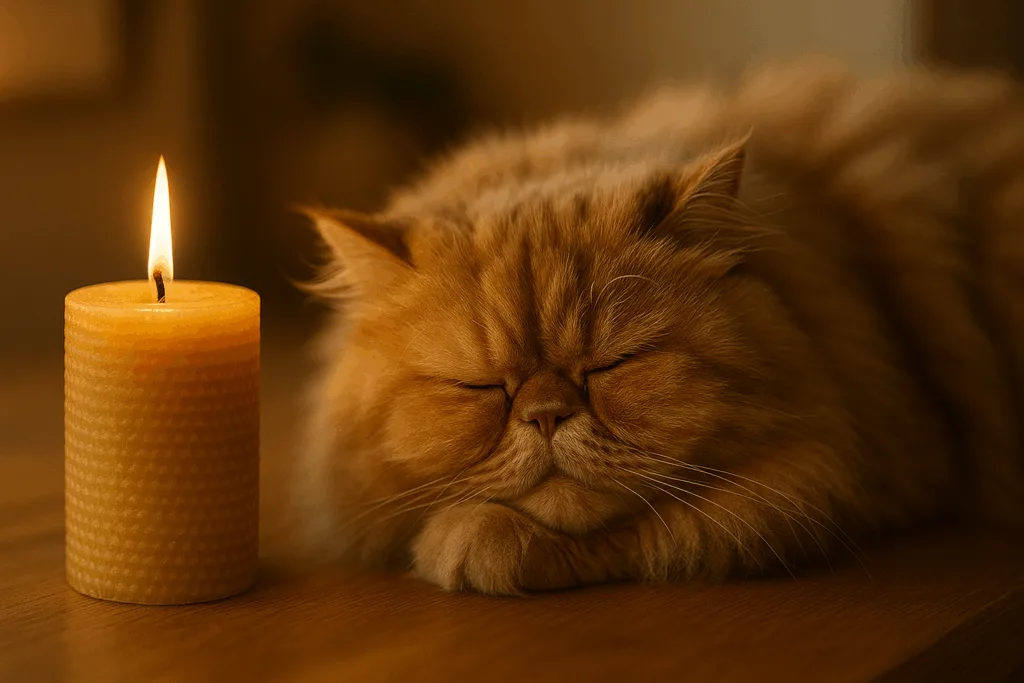 What Candles Are Safe for Cats? Top Non-Toxic Options in 2025 3 Sleeping cat beside glowing beeswax candle safe for cats.