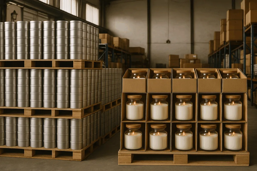 Candle container production and packaging logistics showcasing tin and glass transport efficiency.