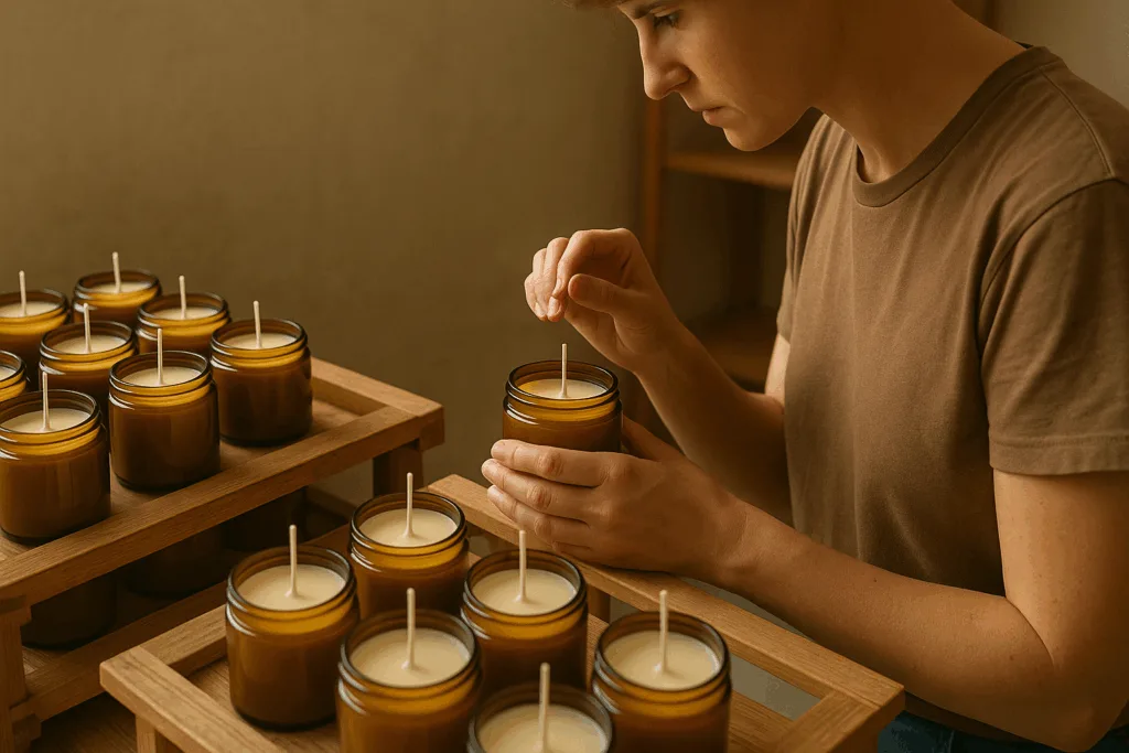Circe Home technician inspecting custom candles during curing process.