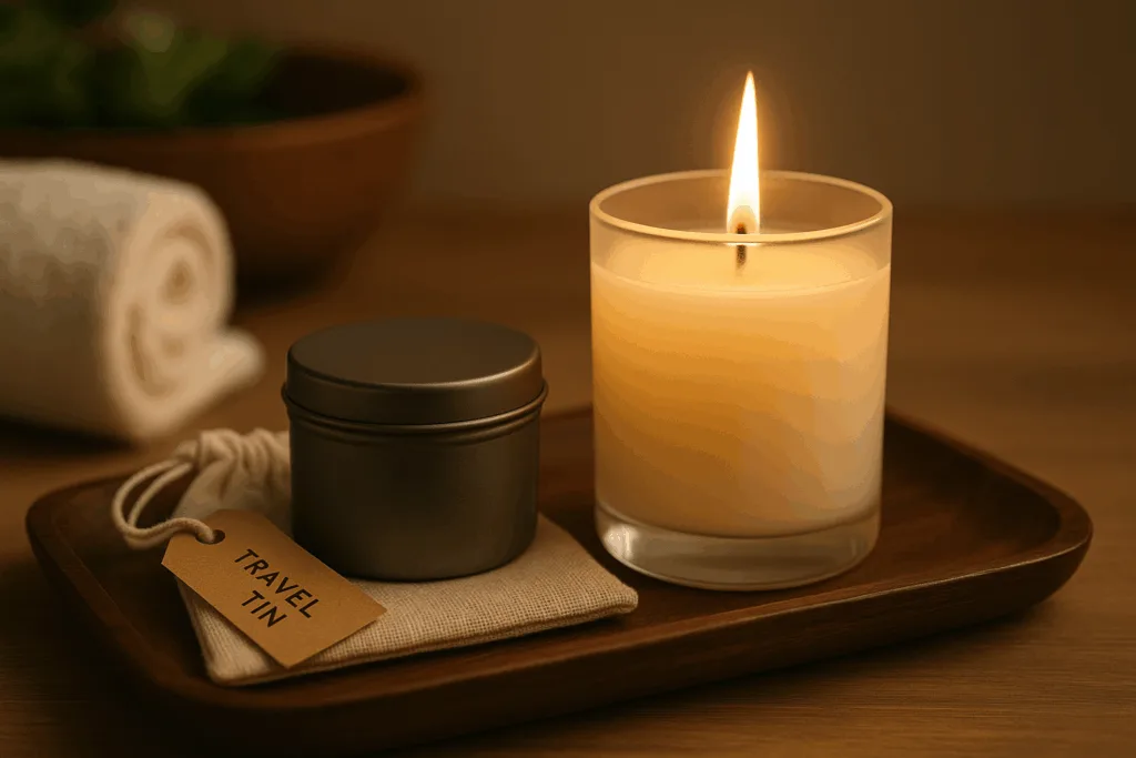 Lifestyle comparison of glass candle for home and tin candle for travel use.
