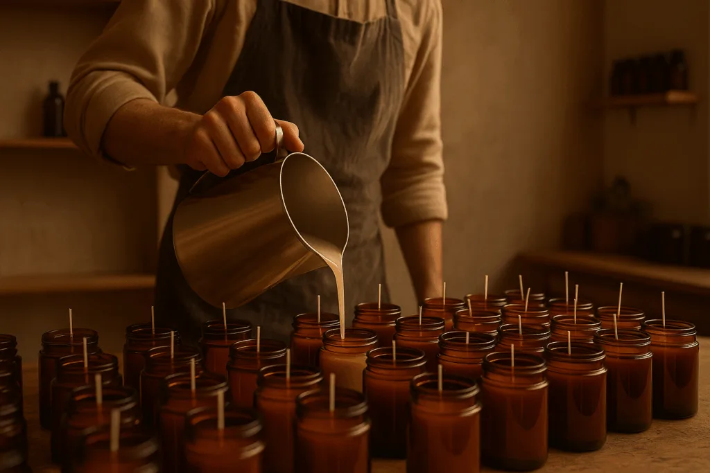 Circe Home artisan hand-pouring custom candles during production process.