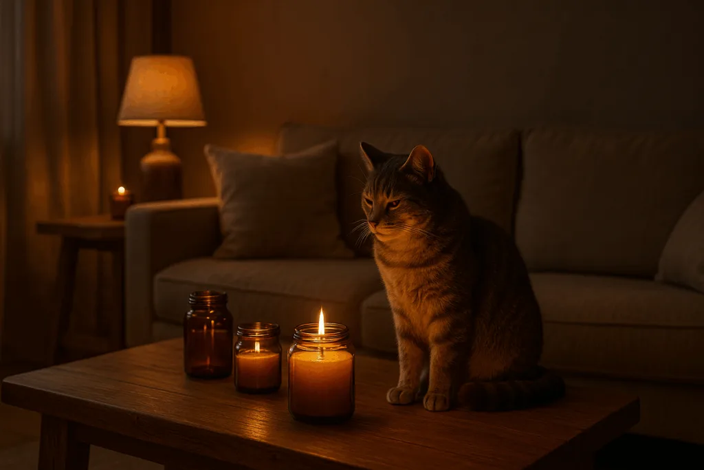 What Candles Are Safe for Cats? Top Non-Toxic Options in 2025 1 Cat relaxing beside non-toxic soy candles in a cozy living room.