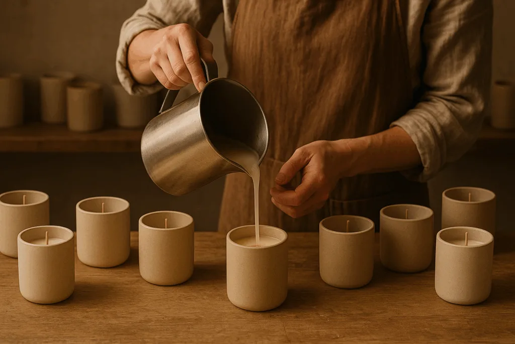 Top 12 most Popular Scented Candles for Trends 2025 5 Circe Home artisan hand-pouring popular scented candles 2025 in studio