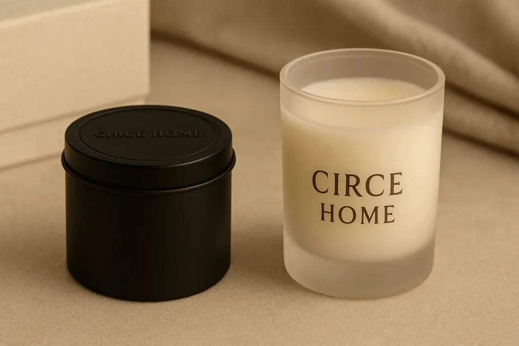 Circe Home customized tin and glass candle containers with logo and packaging options.