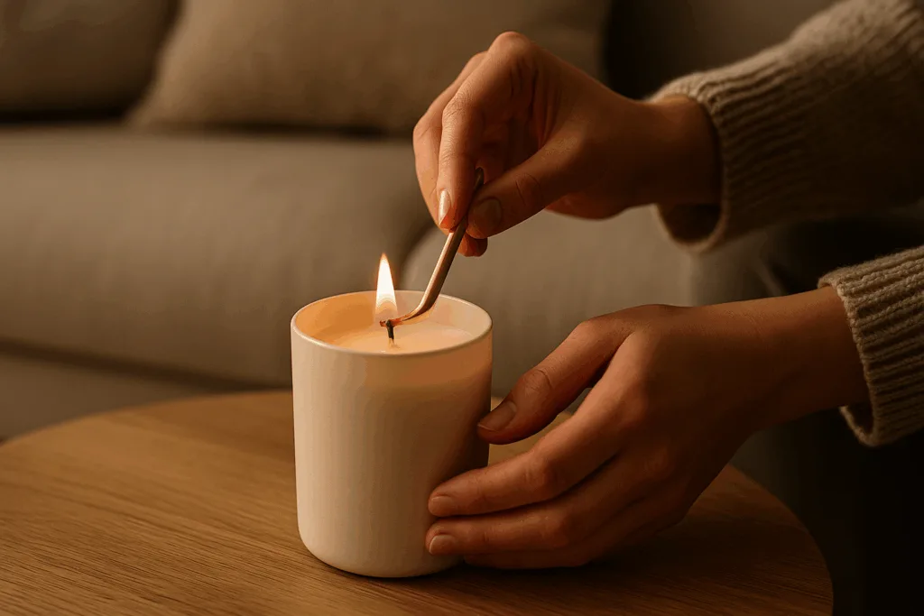 Hands lighting a Circe Home candle, symbolizing collaboration and shared creativity.