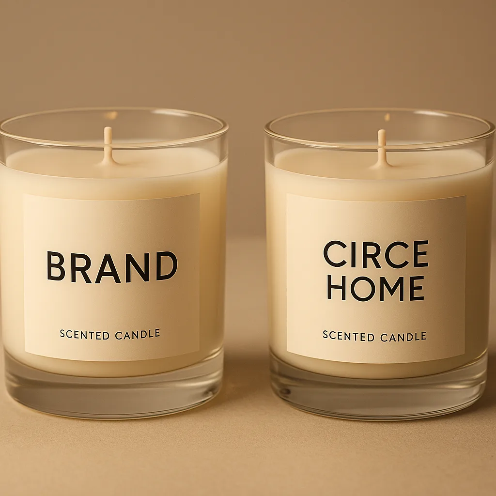 Luxury candle co-branding example showing two brands’ logos on custom candle jars, symbolizing collaboration.