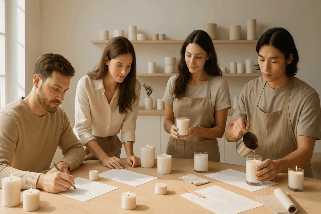 A warm minimalist workspace where designers and artisans collaborate to create elegant candles together.