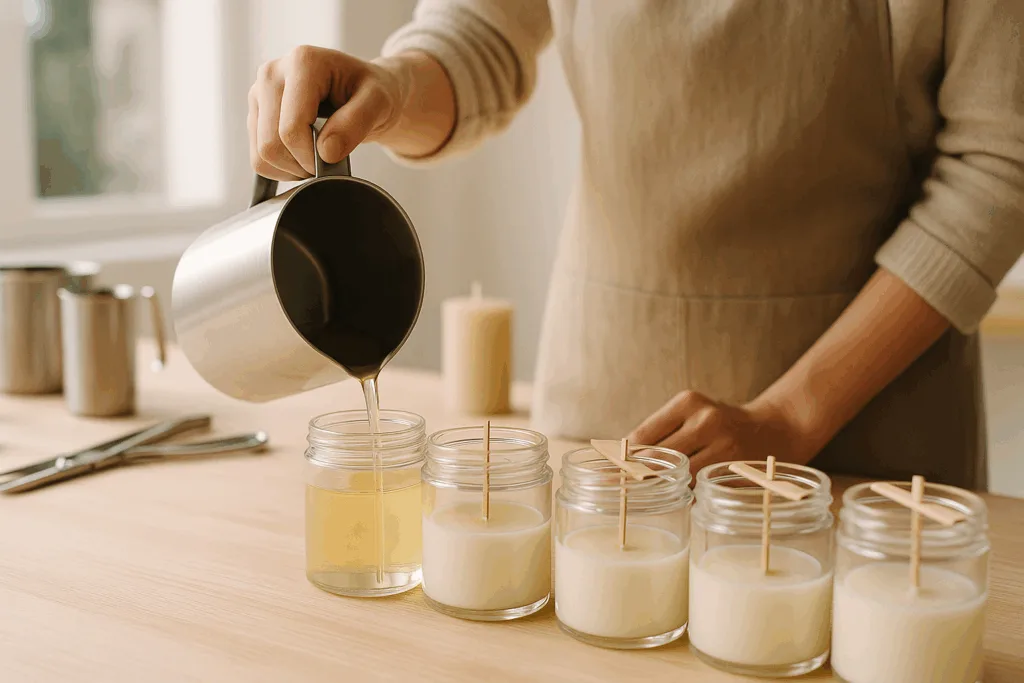 A Circe Home artisan pouring wax into candle jars on a modern production line.