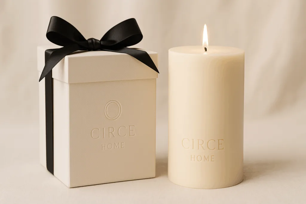 Custom large pillar candle with Circe Home embossed gift box packaging