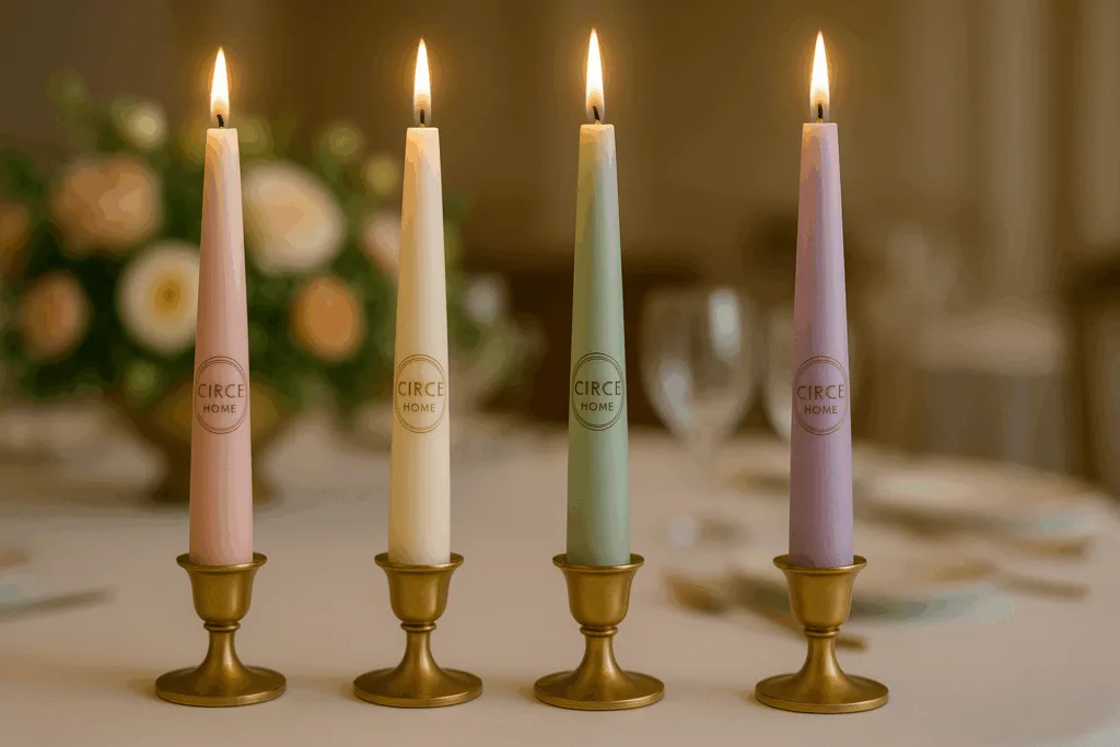 Customized taper candles with engraved logos and pastel colors as personalized event decorations