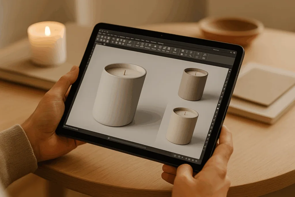 A designer viewing 3D candle models on a tablet using digital prototyping tools.