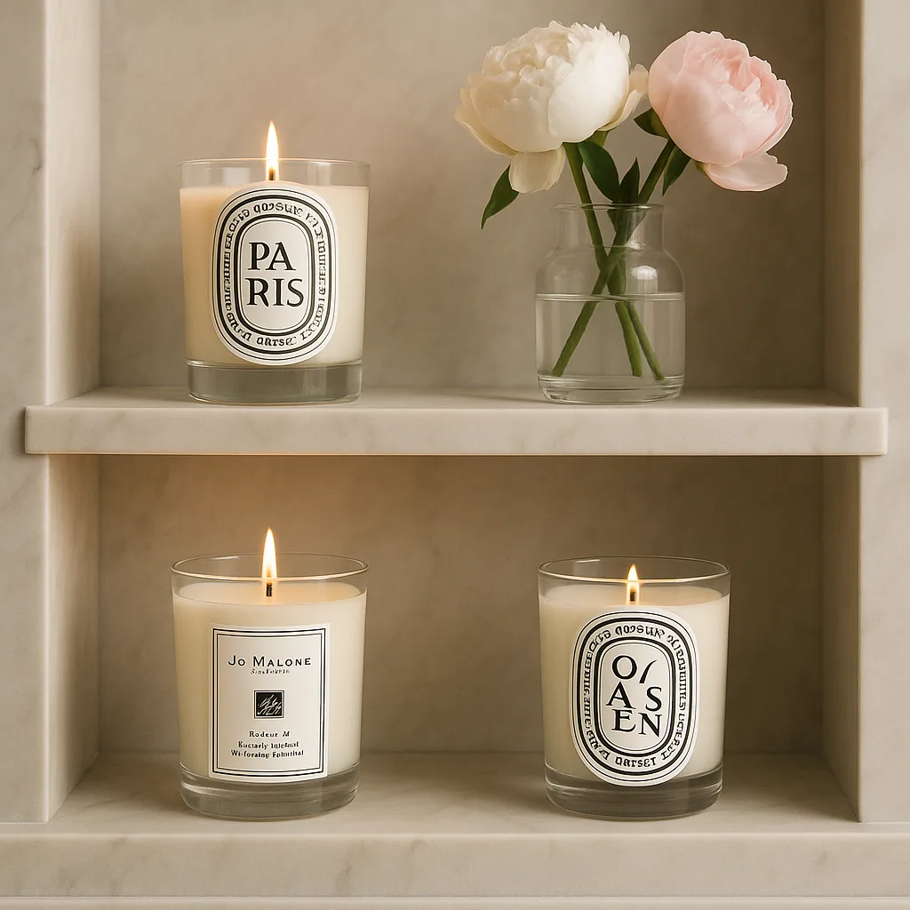 Luxury Diptyque and Jo Malone candles displayed in elegant marble interiors with flowers and soft light.