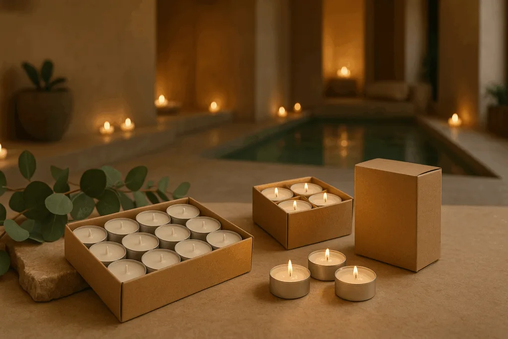 Eco-friendly tea light candle boxes wholesale displayed in luxury spa setting.