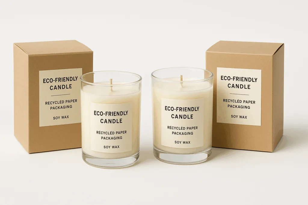 Candle packaging made from FSC-certified recycled paper and reusable jars.
