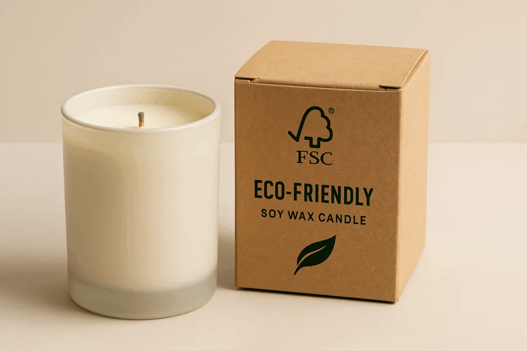 Sustainable FSC-certified packaging for eco-friendly soy wax candles.
