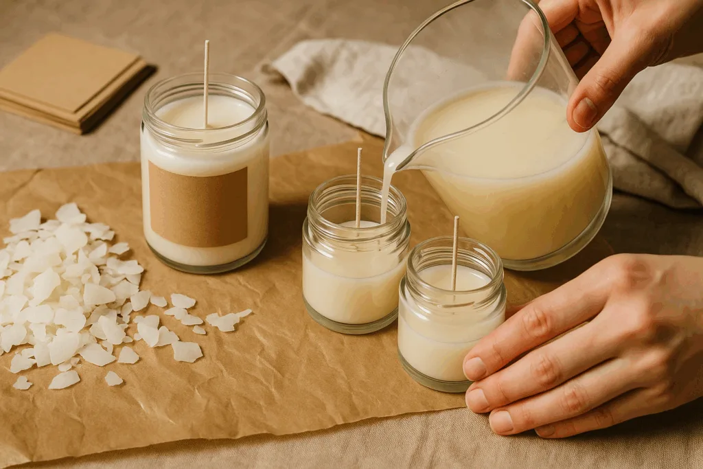 Eco-friendly candle production process with soy wax and recyclable packaging.